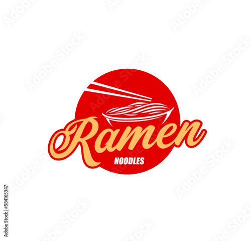 Ramen noodle soup bowl with chopsticks, vector food of japanese or chinese cuisine. Wheat egg noodles with miso, meat broth and spices red round sign. Instant ramen soup dish label of asian restaurant