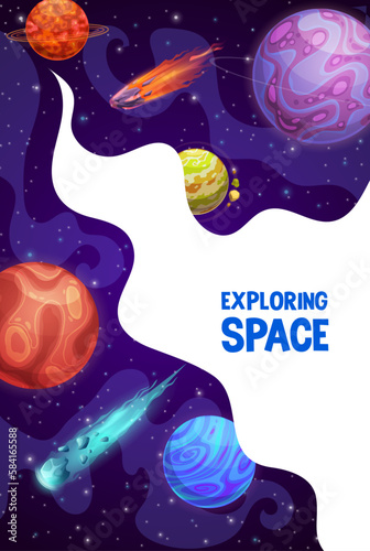 Space exploring poster. Space planets, asteroids, stars and comets. Vector background with extraterrestrial galaxy landscape. Universe exploration, astronomy science, interstellar travel vertical card