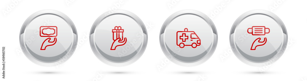 Set line Donation and charity, Give gift, Ambulance car and Medical protective mask. Silver circle button. Vector Set line Donation and charity, Give gift, Ambulance car and Medical protective mask. Silver circle button. Vector