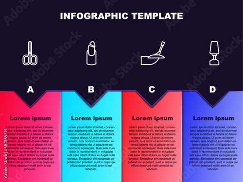 Set line Nail scissors, Broken nail, Manicure and Milling cutter for manicure. Business infographic template. Vector