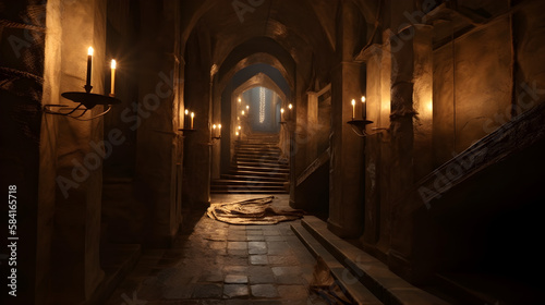 under ground sewer in hogwarts magical castle, walkways on either side, stairway to the left side, night time enviroment, candles on the wall night, ai generated, generated ai  © Baloch