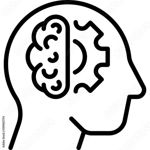 Thinking process in human head: cogwheel in brain. Thin line icon of brainstorming or imagination. Modern vector illustration.