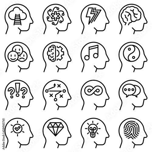 Mental health thin line icons set: mental growth, negative thinking, emotional reasoning, logical plan, obsession, inner dialogue, balance, brilliant thought, self identity. Modern vector illustration