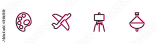 Set line Palette, Wood easel, Toy plane and Whirligig toy icon. Vector
