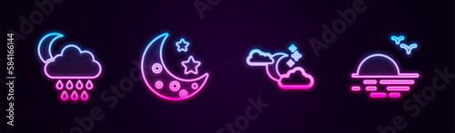Set line Cloud with rain and moon, Moon stars, and Sunset. Glowing neon icon. Vector