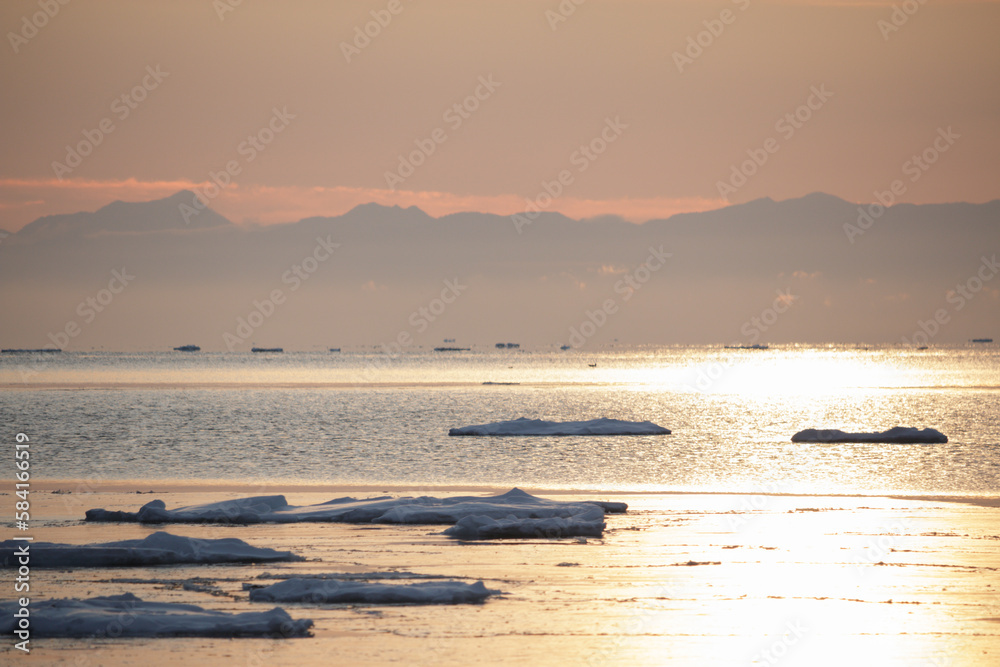 Sunrise over Ice floes in Sea of Okhotsk