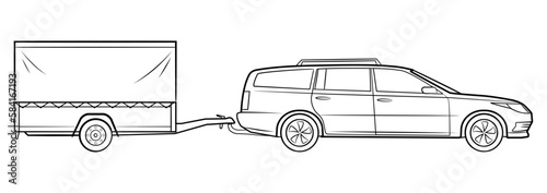 Station wagon car with trailer vector stock illustration.