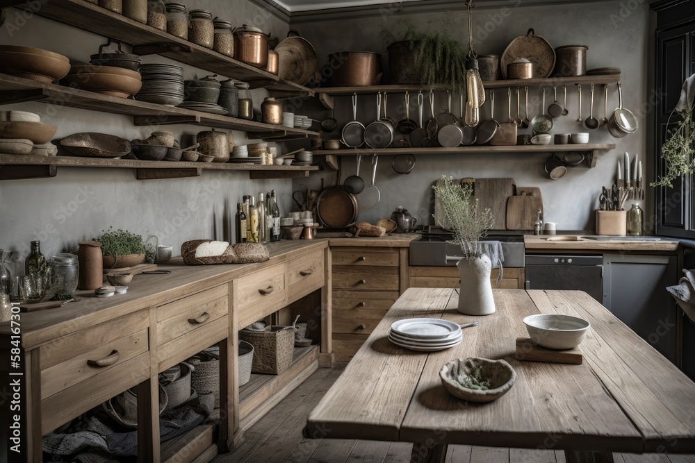 A rustic kitchen's cozy interior. Hardwood shelves, porcelain dishes, cutlery, and rustic kitchen accessories. High resolution image. Generative AI