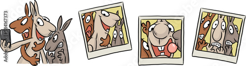 Cartoon illustration einer Gruppe jugendlicher Hasen, die bei einem Selfie vor der Smartphone Kamera alberne Grimassen für Polaroid Fotos machen