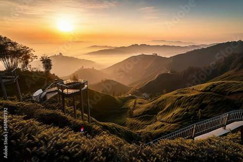 Viewpoint on the top of cameron highland, tea valley and sunrise - ai