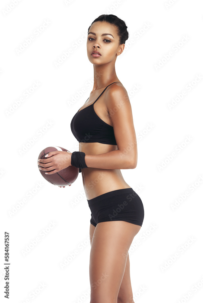 Woman body, sports and football for exercise fitness, competition game or challenge. Health portrait, workout ball and training player on an isolated and transparent png background Woman body, sports and football for exercise fitness, competition game or challenge. Health portrait, workout ball and training player on an isolated and transparent png background