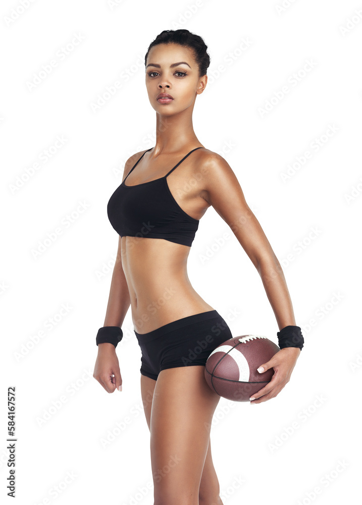 Sports, woman body and football for exercise fitness, competition game or challenge. Health portrait, workout ball and training player on an isolated and transparent png background Sports, woman body and football for exercise fitness, competition game or challenge. Health portrait, workout ball and training player on an isolated and transparent png background