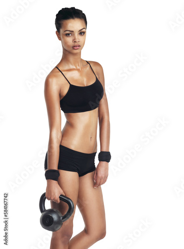 Woman body, kettlebell exercise for fitness goals and weight loss or bodybuilding. Health wellness girl, arm workout and portrait of training athlete on an isolated and transparent png background