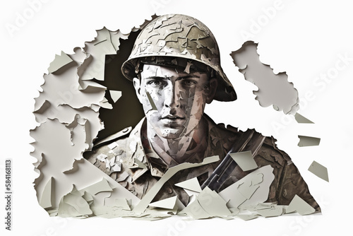 Soldier made from papier collage - Army and War illustration - Ai, Ai Generative