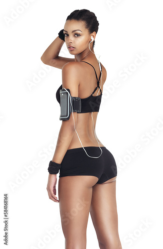 Music, fitness and sports woman body with phone for workout, health and cardio training. Portrait of girl listening and streaming on earphones for exercise on an isolated, transparent png background © peopleimages.com