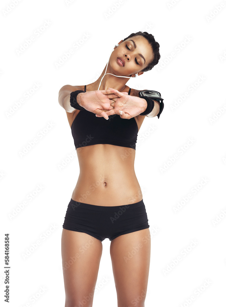 Music, fitness and stretching woman and phone for workout body, health and training. Radio or sports and girl listening and streaming on earphones for exercise on isolated, transparent png background Music, fitness and stretching woman and phone for workout body, health and training. Radio or sports and girl listening and streaming on earphones for exercise on isolated, transparent png background