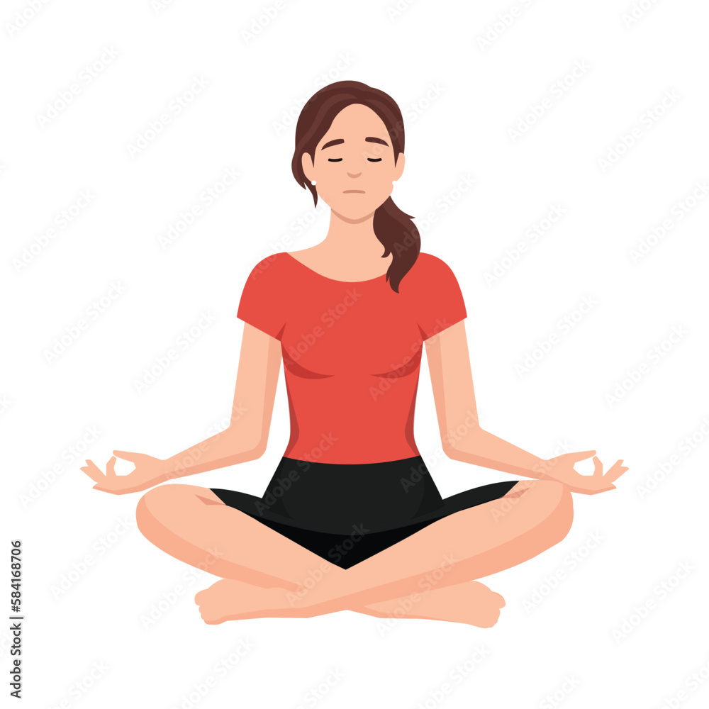 Happy woman with closed eyes sitting in lotus position practicing yoga vector flat illustration. Smiling female with crossed legs meditating on mat isolated on white. Relaxed person enjoying leisure Happy woman with closed eyes sitting in lotus position practicing yoga vector flat illustration. Smiling female with crossed legs meditating on mat isolated on white. Relaxed person enjoying leisure
