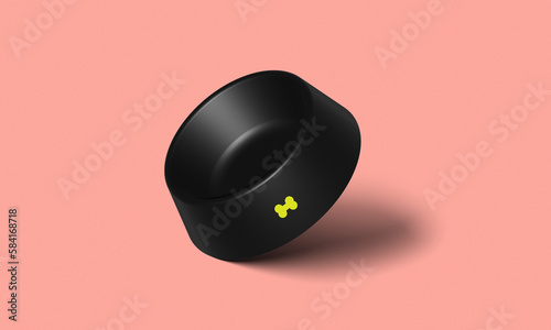 Dog food black bowl 3d illustration on pastel red background