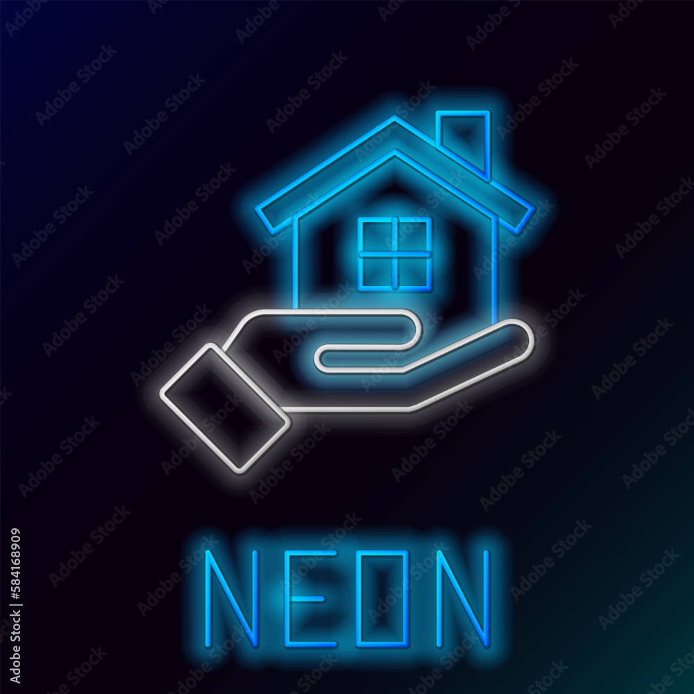 Glowing neon line House in hand icon isolated on black background. Insurance concept. Security, safety, protection, protect concept. Colorful outline concept. Vector Glowing neon line House in hand icon isolated on black background. Insurance concept. Security, safety, protection, protect concept. Colorful outline concept. Vector