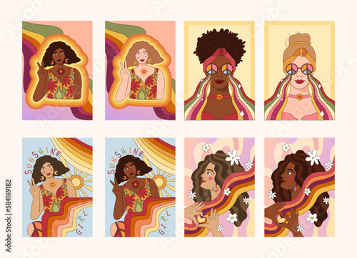 Groovy hippie girls portrait with rainbow glasses, 70s retro women face different skin color options, funny positive poster pre-made template, vector set