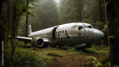 Abandoned Passenger Plane Found in the Forest. Generative AI Illustration