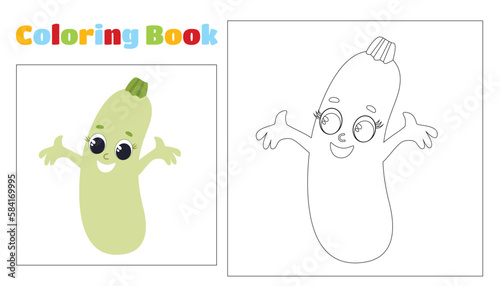 Children's coloring charming zucchini smiles. Coloring page for children aged 4-8 in kindergarten and elementary school. Illustration and black and white outline.