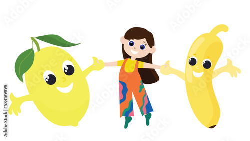 Girl with lemon and banana character smiling cheerfully and holding hands. Friendship of fruits and children. Illustration in cartoon style isolated on white background.