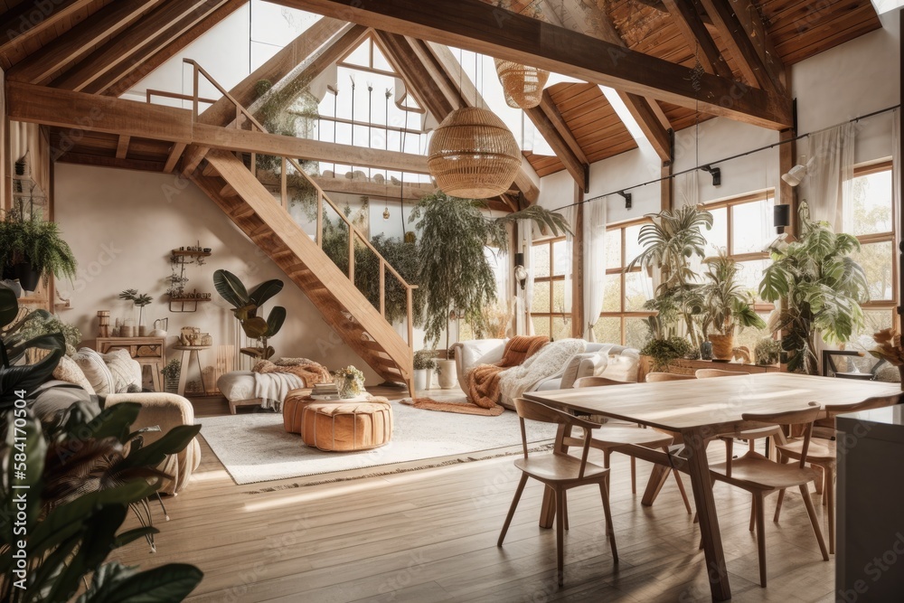 Blurred backdrop, bohemian mezzanine living and dining room with gabled ceiling. Couch and dining table. Decorated potted plants. Bohemian decor,. Generative AI