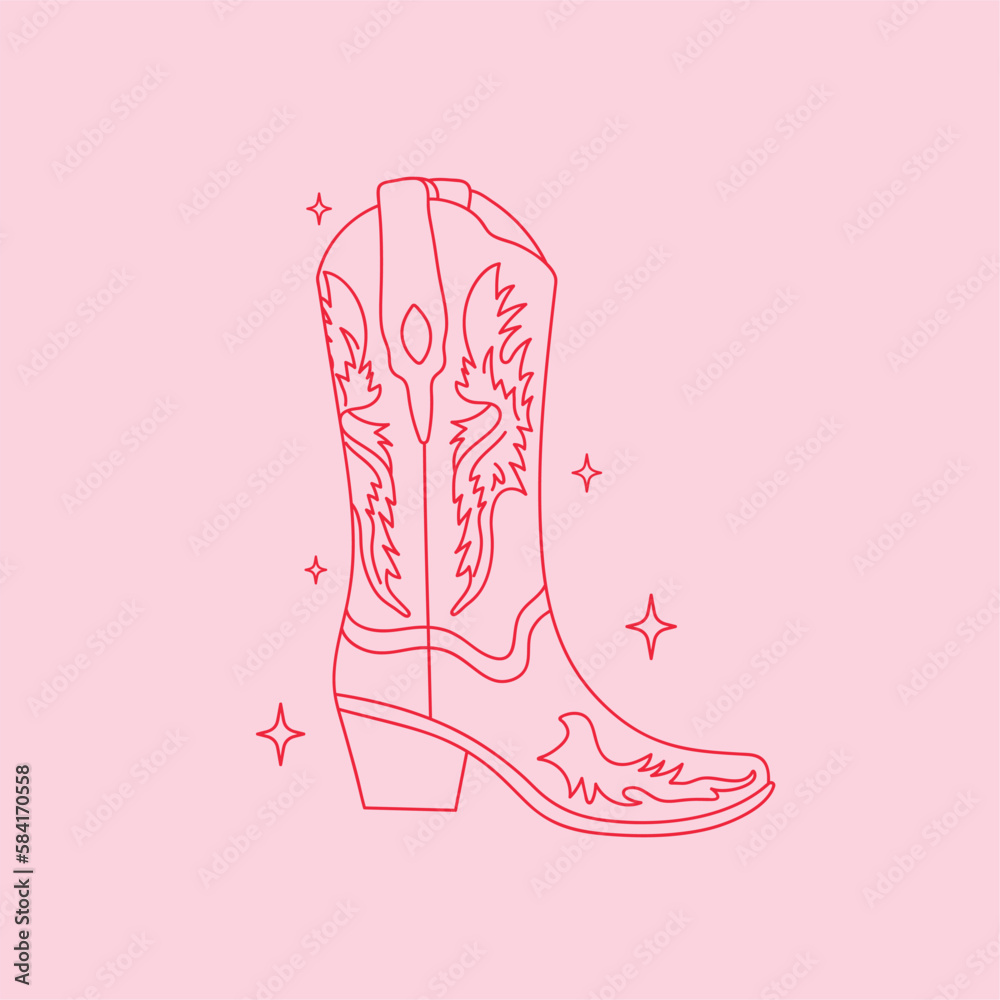 Retro Pink Cowgirl boot on pink background. Cowboy western and wild