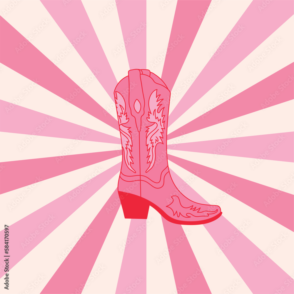Retro Pink Cowgirl boot on aesthetic spiral ray burst background ...