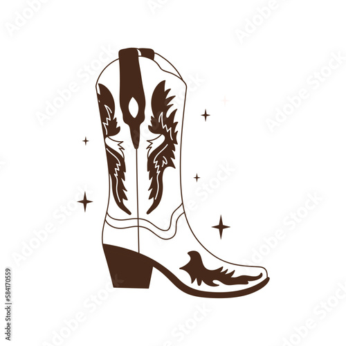 Retro Cowgirl boots with ornament. Cowboy western and wild west theme. Vector isolated white and black design for postcard, t-shirt, sticker etc.