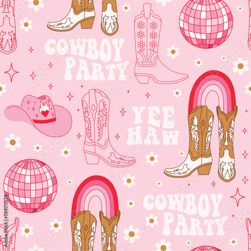 Retro seamless pattern with different Cowgirl boots, rainbow, lettering phrase, disco ball and flowers. Wild West fashion style vector for invitation, wrapping paper, packaging etc.