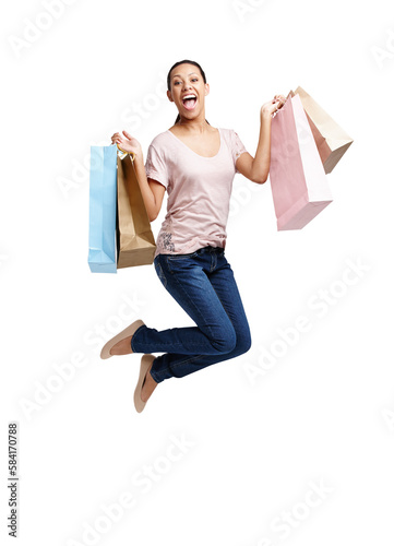 Portrait, shopping bags and woman jump for joy and fashion on an isolated and transparent png background. Discount celebration, sales deal and happy, excited customer jumping after buying at mall