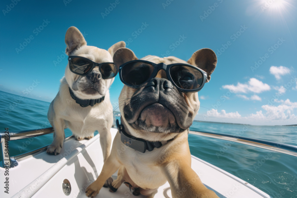 Pug bulldog Dogs wearing sunglasses are taking selfies on a yacht with the sea in the background. Generative AI.