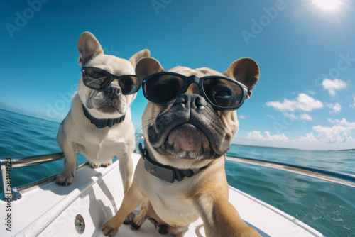 Pug bulldog Dogs wearing sunglasses are taking selfies on a yacht with the sea in the background. Generative AI. © junghc1