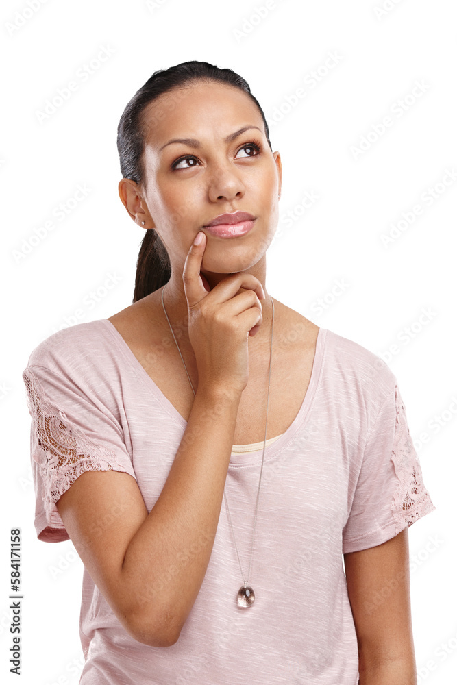 Woman, face and thinking with inspiration for idea, mindset and motivation on an isolated and transparent png background. Emoji and facial expression of a model, thoughtful about solution Woman, face and thinking with inspiration for idea, mindset and motivation on an isolated and transparent png background. Emoji and facial expression of a model, thoughtful about solution