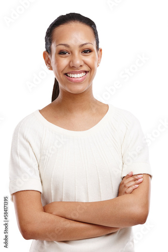 Confident woman, arms crossed and portrait of empowerment and positive mindset. Happy female model, casual fashion and girl standing with pride, a smile and confidence in a strong pose