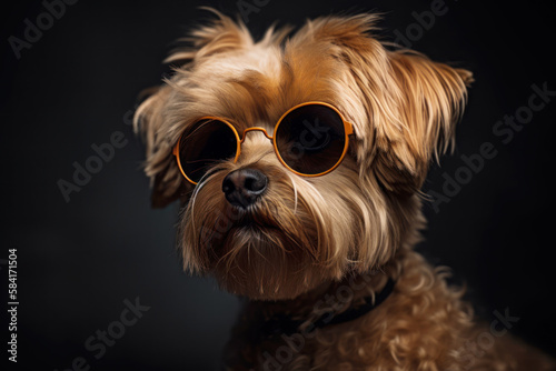 Studio shot of cool fashion dog wearing sunglasses. Funny animal Portrait. Generative AI.