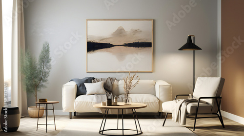 Stylish Living Room Interior with Mockup Frame Poster, Modern interior design, 3D render, 3D illustration