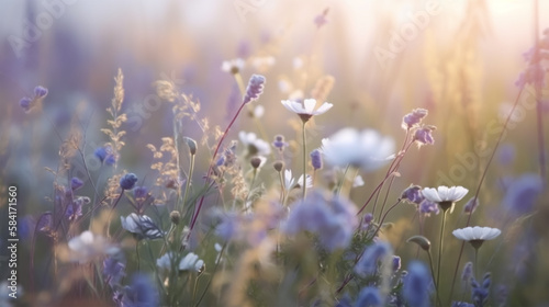 Beautiful wild flowers chamomile  purple wild peas  butterfly in morning haze in nature close-up macro. Landscape wide format  copy space  cool blue tones.