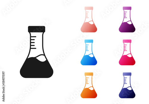 Black Test tube and flask chemical laboratory test icon isolated on white background. Laboratory glassware sign. Set icons colorful. Vector