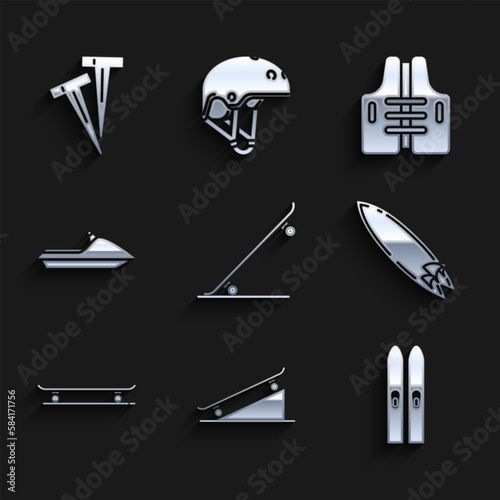 Set Skateboard, on street ramp, Ski and sticks, Surfboard, Jet ski, Life jacket and Pegs for tents icon. Vector