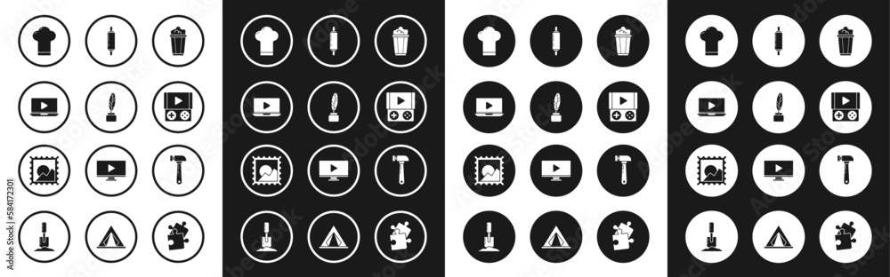 Set Popcorn in cardboard box, Feather and inkwell, Online play video, Chef hat, Portable game console, Rolling pin, Hammer and Picture landscape icon. Vector Set Popcorn in cardboard box, Feather and inkwell, Online play video, Chef hat, Portable game console, Rolling pin, Hammer and Picture landscape icon. Vector