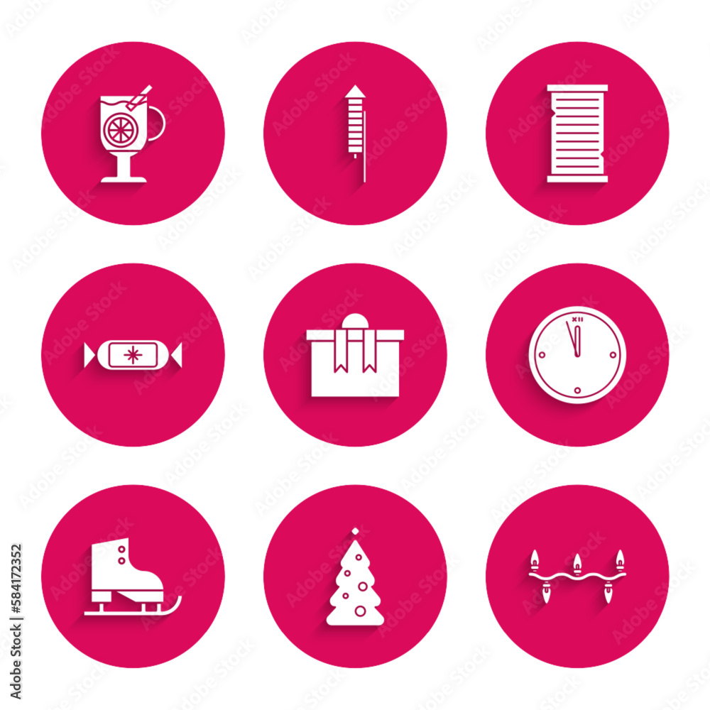 Set Gift box, Christmas tree with decorations, lights, Clock, Figure skates, Candy, wish list template and Mulled wine glass of drink icon. Vector Set Gift box, Christmas tree with decorations, lights, Clock, Figure skates, Candy, wish list template and Mulled wine glass of drink icon. Vector