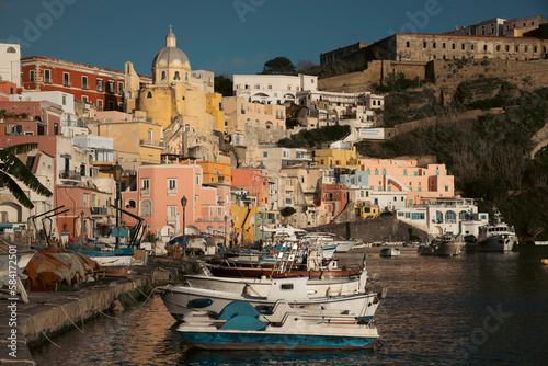 Beautiful fishing village  Marina Corricella on Procida Island  Bay of Naples  Italy.