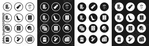 Set Caduceus snake medical symbol, Inhaler, Medicine bottle and pills, Medical book, Ointment cream tube medicine, or tablet and Pills blister pack icon. Vector