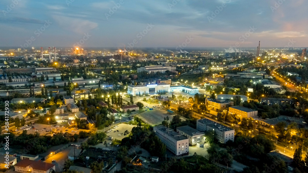 Lipetsk, Russia. Iron and Steel Works. Left Bank District. Time after sunset. Night, Aerial View