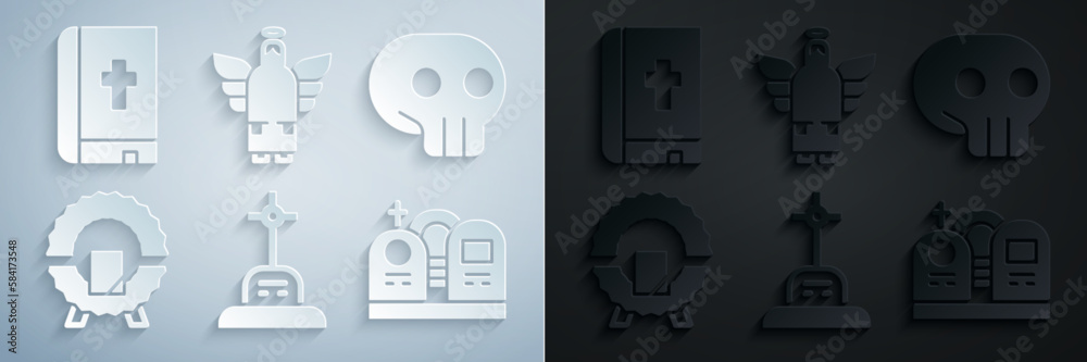 Set Grave with cross, Skull, Memorial wreath, tombstone, Christmas angel and Holy bible book icon. Vector