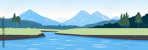narrow flowing river  bright blue skies  Alpine mountain in background  minimalist drawing style. generative ai