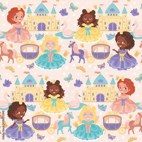 Beautiful princesses and castles, seamless pattern with vector illustrations with fairytale theme
